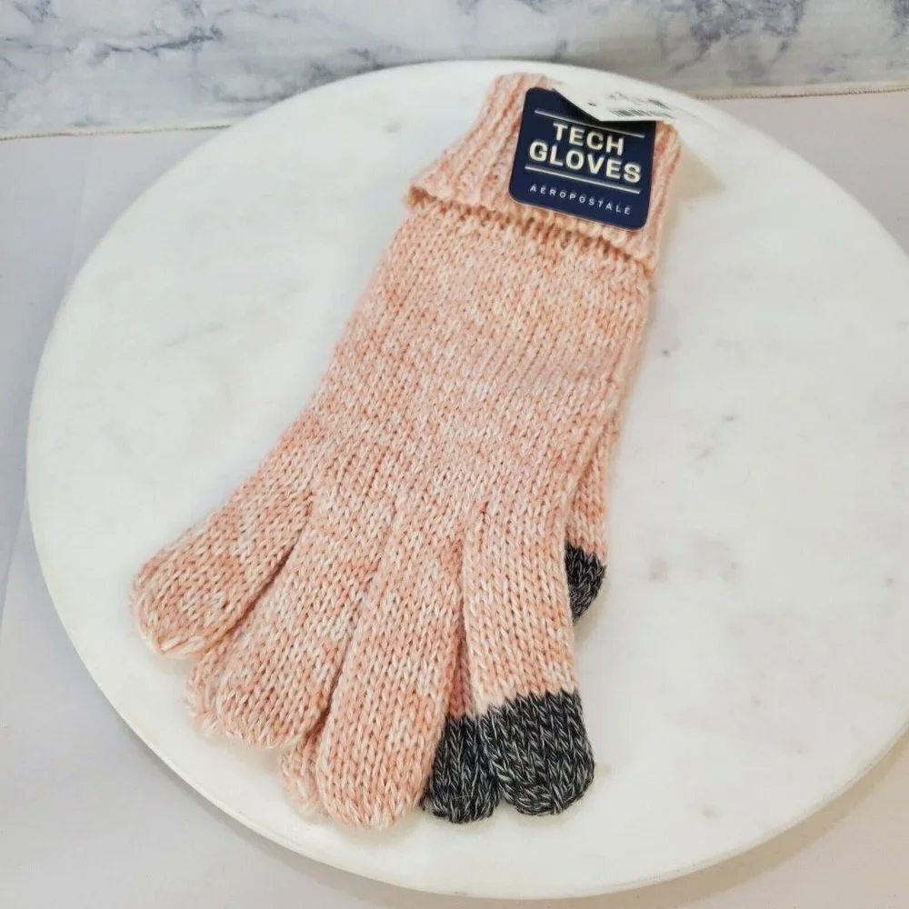 AEROPOSTALE Knit Tech Gloves Smartphone Compatible Pink‎ Black NEW